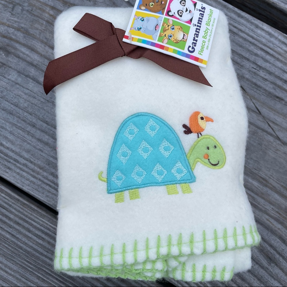 Garanimals Cream Ivory Turtle Bird Baby Blanket Green Blanket Stitch Edges NEW